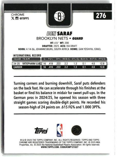 Ben Saraf 2025-26 Topps Chrome #276