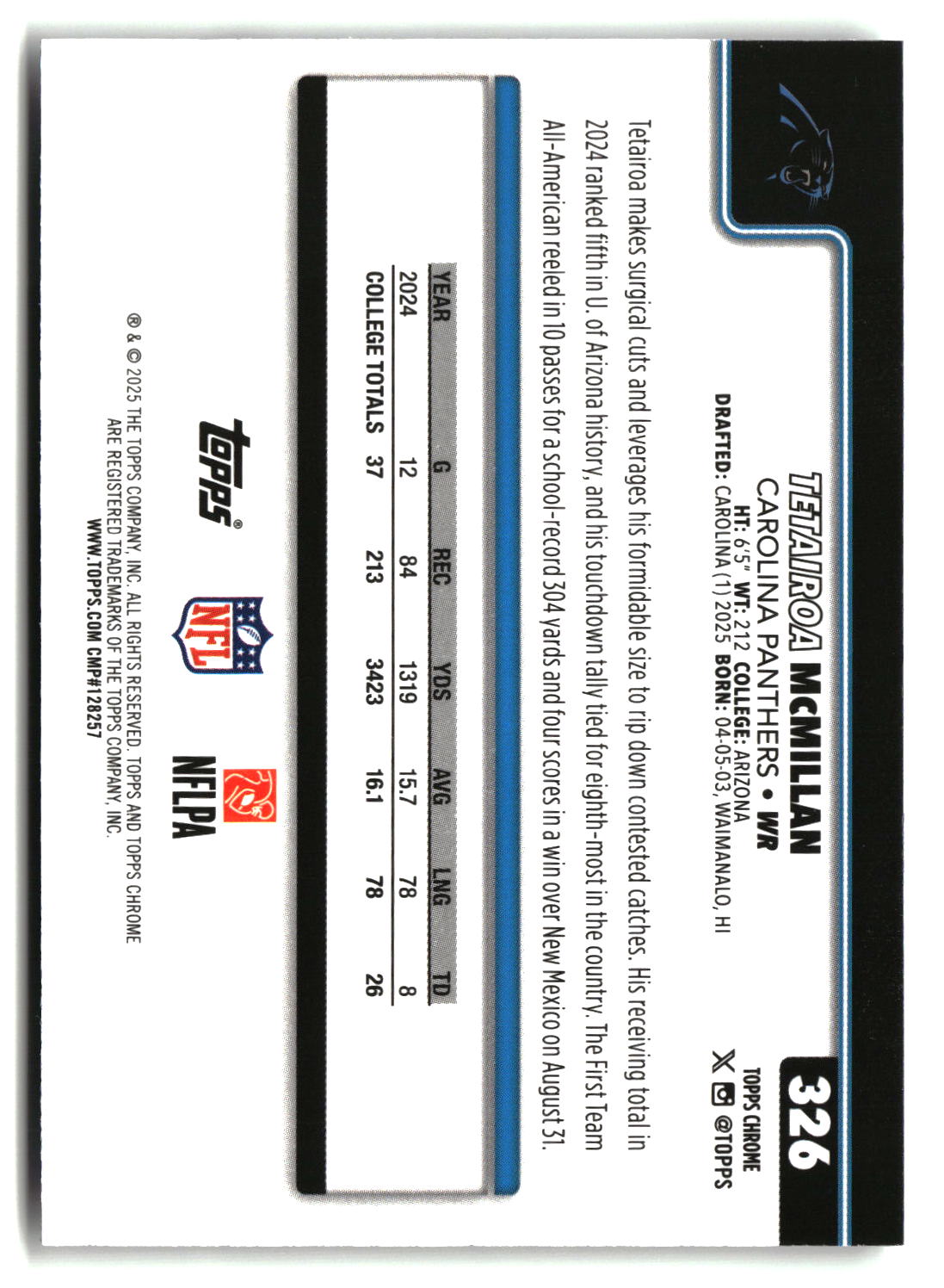 Tetairoa McMillan 2025 Topps Chrome #326