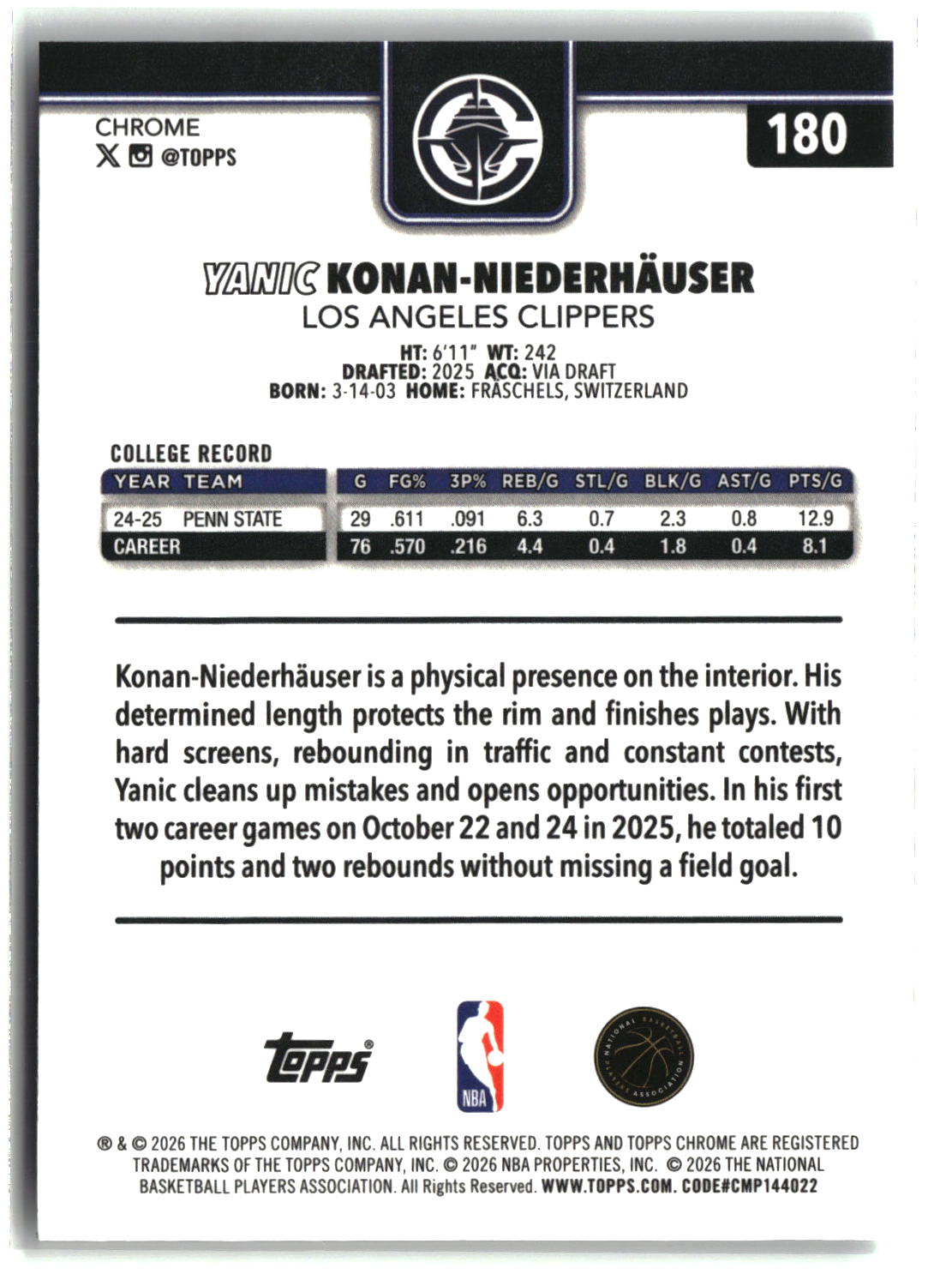 Yanic Konan-Niederhauser 2025-26 Topps Chrome Update #180