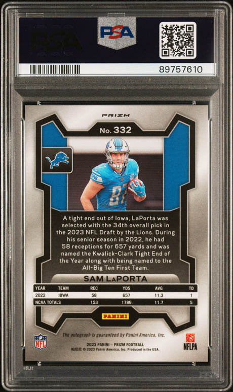 Sam LaPorta 2023 Panini Prizm Autographs Prizm Silver #332 PSA 10