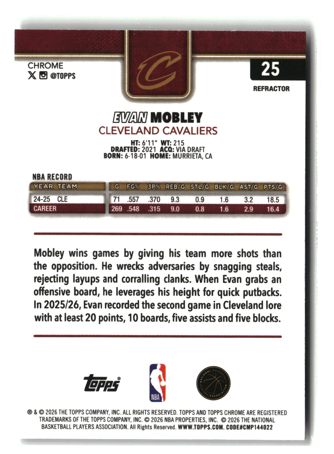 Evan Mobley 2025-26 Topps Chrome Update Refractor #25
