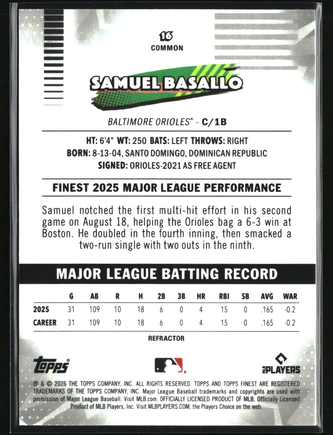 Samuel Basallo 2026 Finest Refractors #16