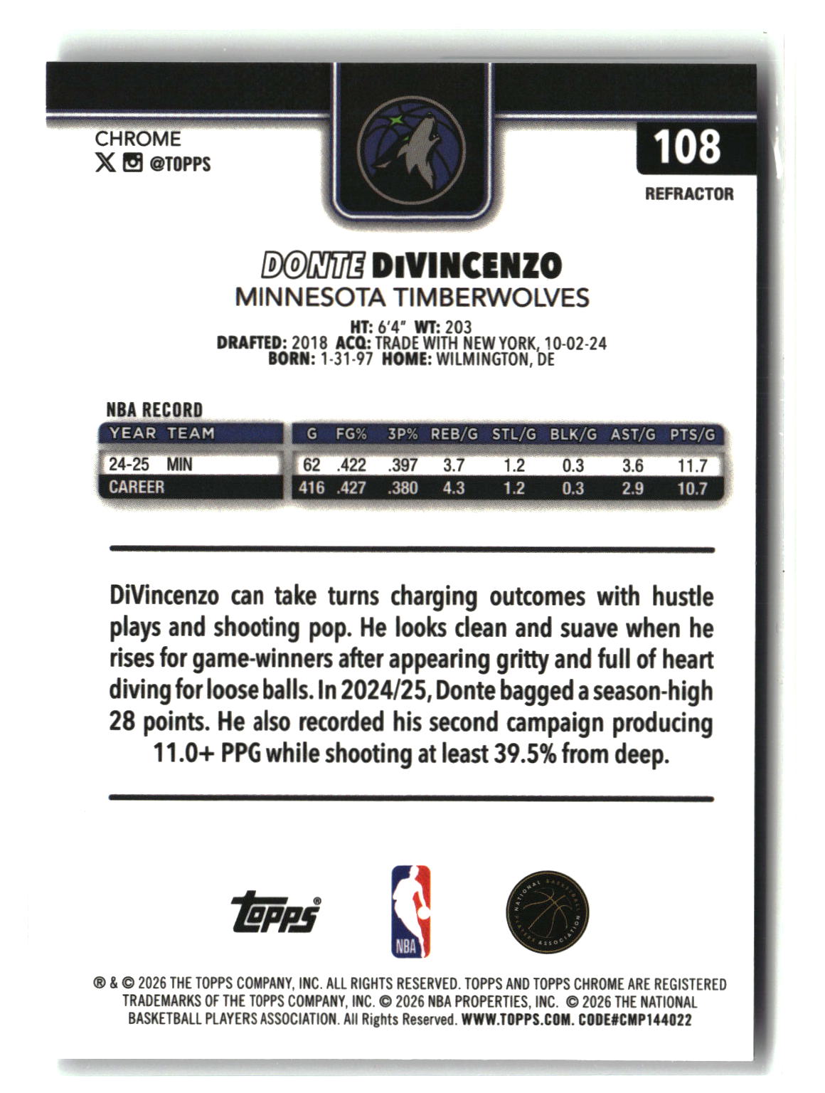 Donte DiVincenzo 2025-26 Topps Chrome Update Refractor #108