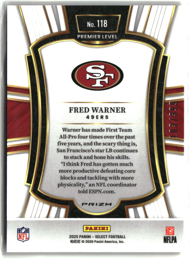 Fred Warner 2025 Panini Select Orange Prizm Shock #118 #/399