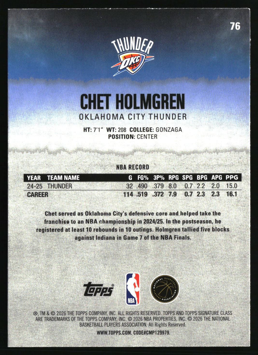 Chet Holmgren 2025-26 Topps Signature Class #76