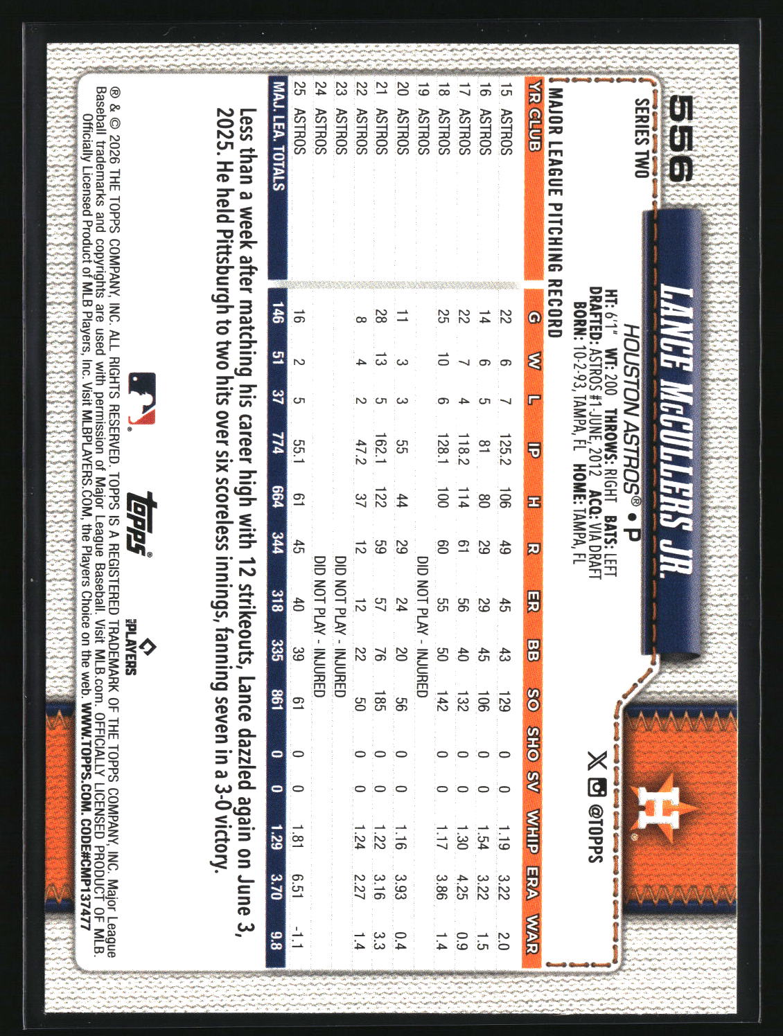 Lance McCullers Jr. 2026 Topps Rainbow Foil #556