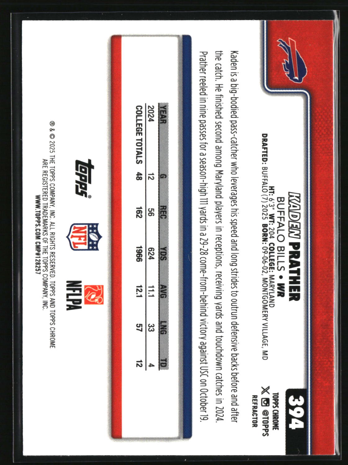 Kaden Prather 2025 Topps Chrome Refractor #394