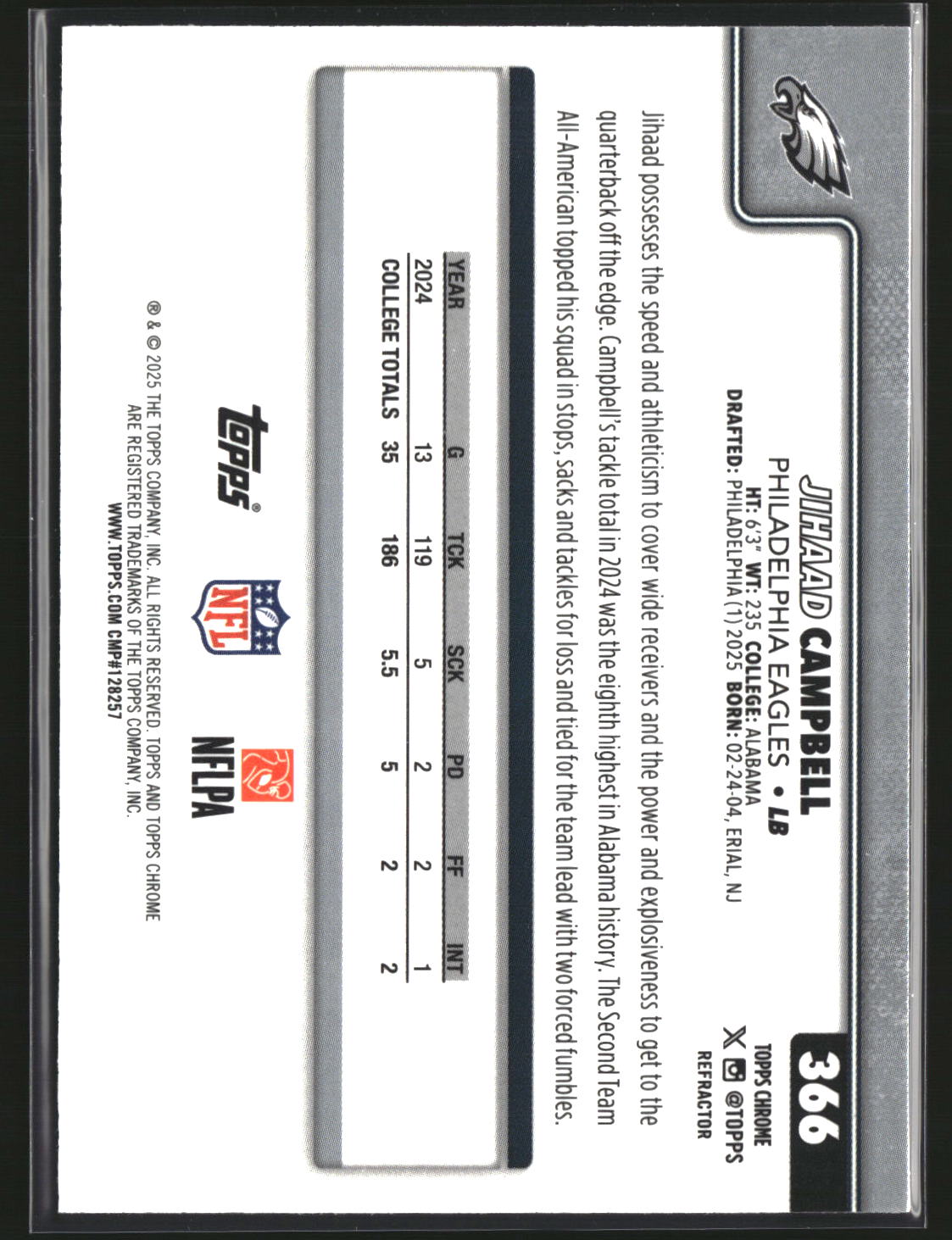 Jihaad Campbell 2025 Topps Chrome Football Refractor #366