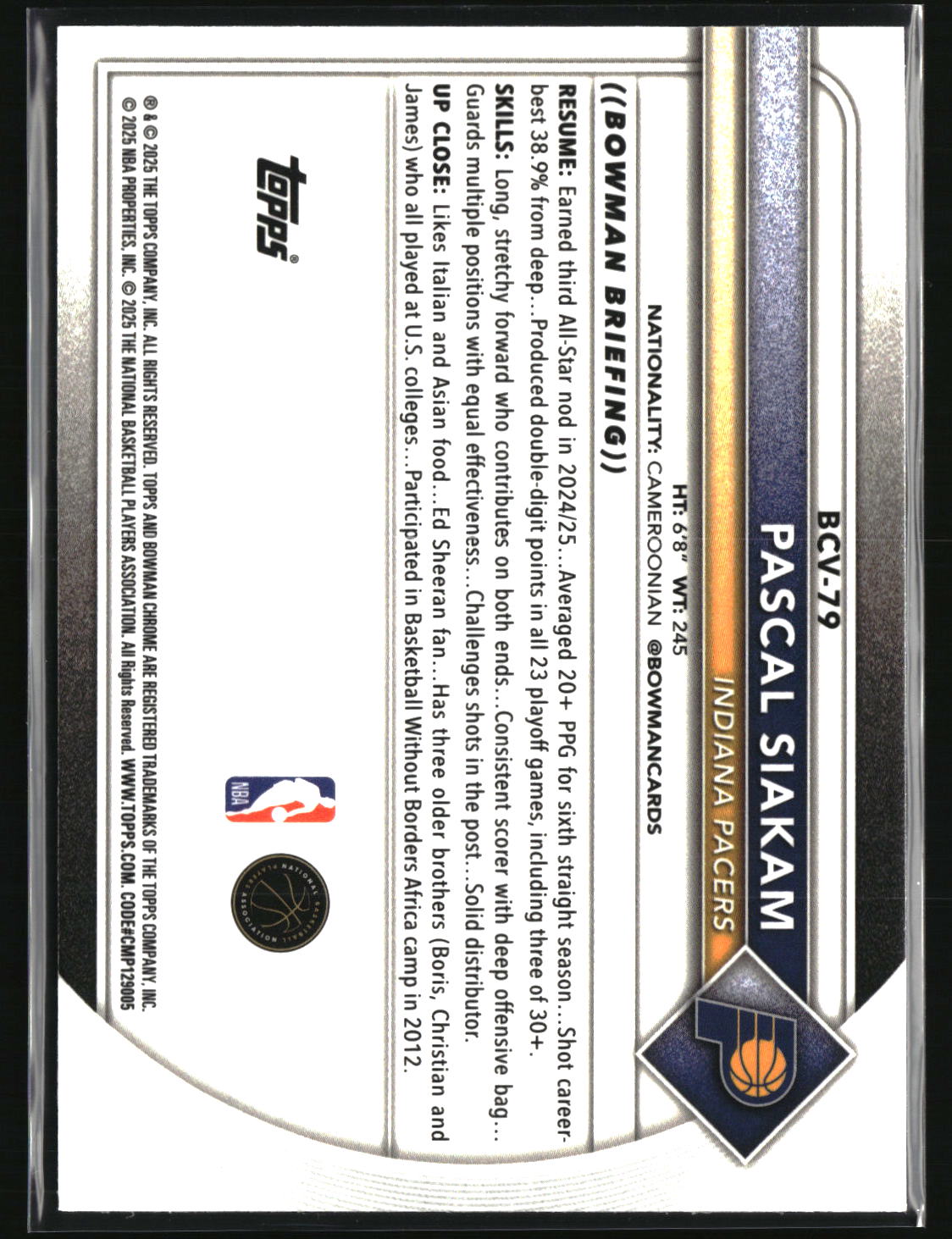 Pascal Siakam 2025-26 Bowman Chrome Steel Metal Refractors #BCV-79 #/100