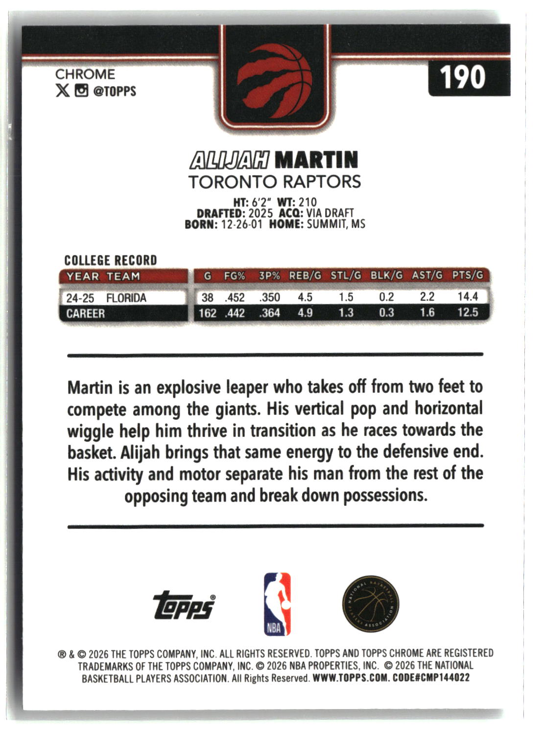 Alijah Martin 2025-26 Topps Chrome Update #190