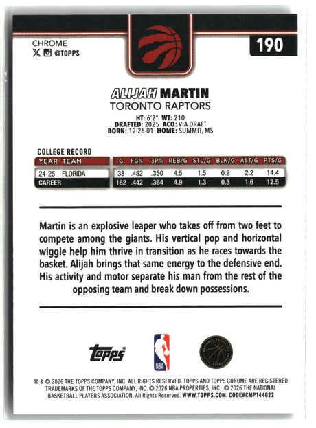 Alijah Martin 2025-26 Topps Chrome Update #190