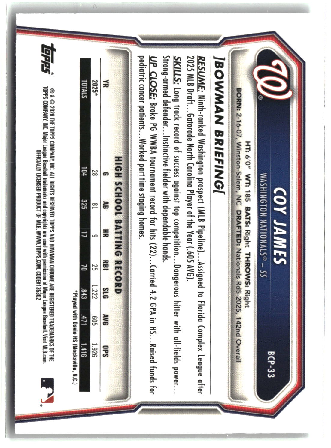 Coy James 2026 Bowman Chrome Prospects #BCP-33