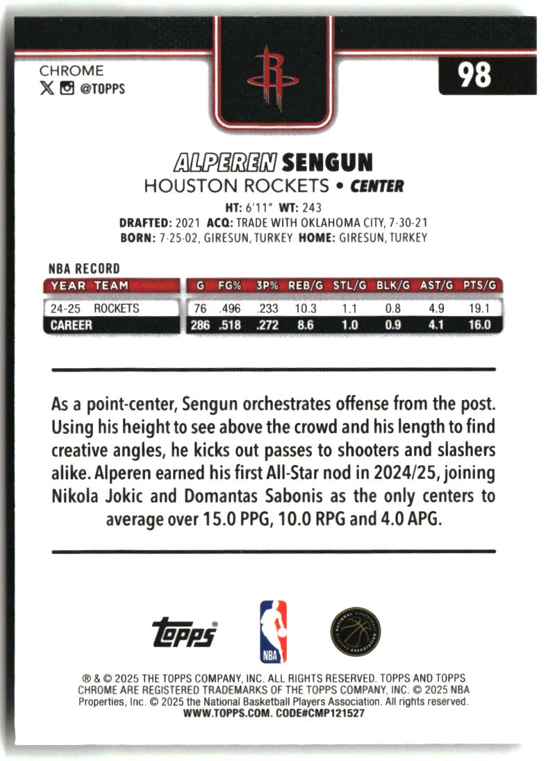 Alperen Sengun 2025-26 Topps Chrome Prism Refractor #98