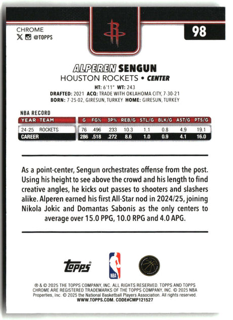 Alperen Sengun 2025-26 Topps Chrome Prism Refractor #98