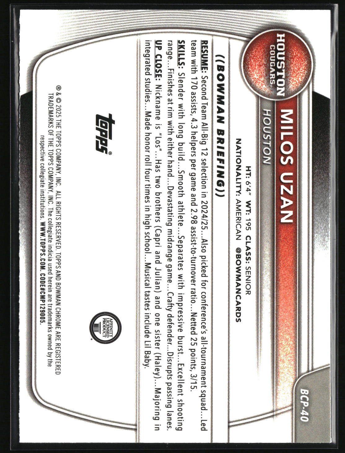Milos Uzan 2025-26 Bowman Chrome Prospects Reptilian Refractor #BCP-40