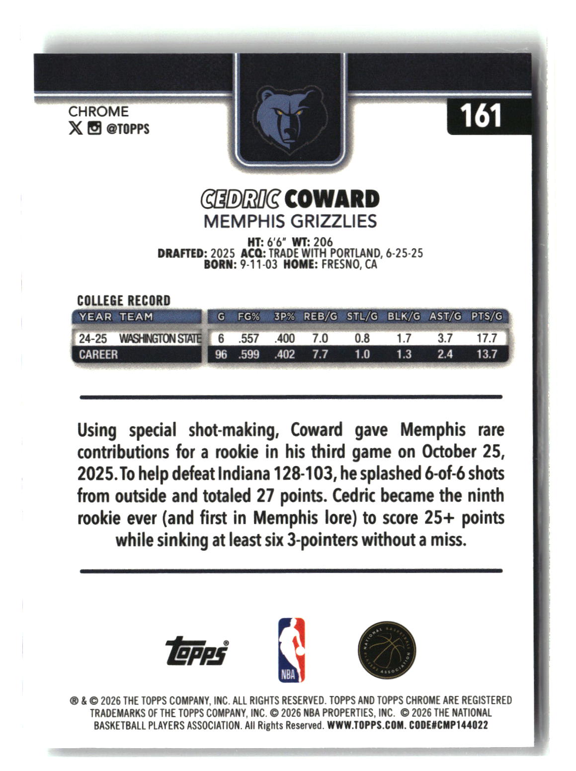 Cedric Coward 2025-26 Topps Chrome Update #161