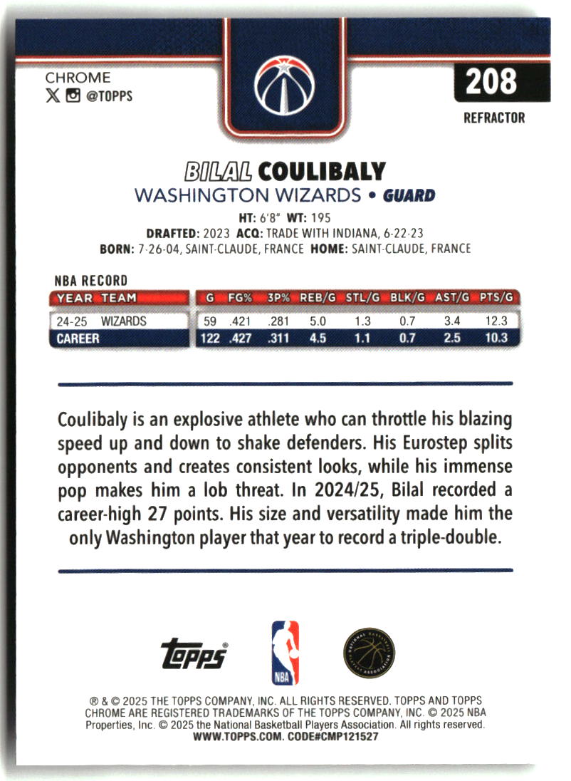 Bilal Coulibaly 2025-26 Topps Chrome Refractor #208