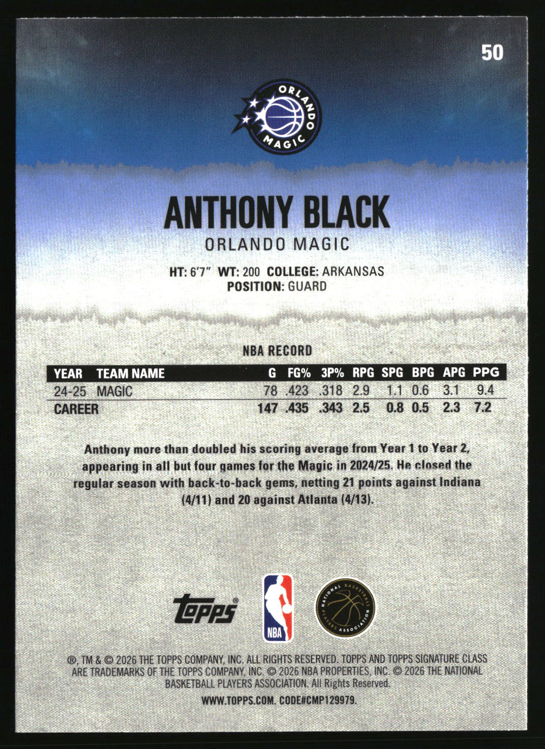 Anthony Black 2025-26 Topps Signature Class #50