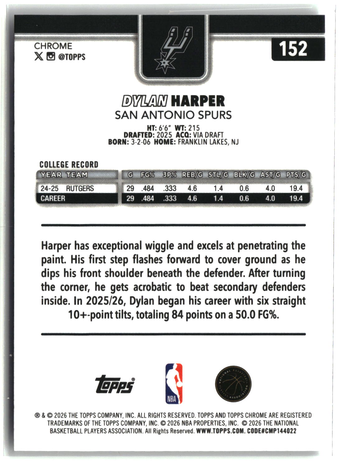 Dylan Harper 2025-26 Topps Chrome Update #152