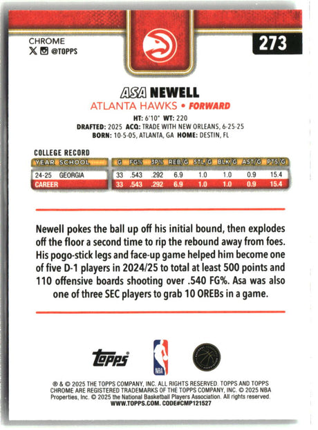 Asa Newell 2025-26 Topps Chrome #273