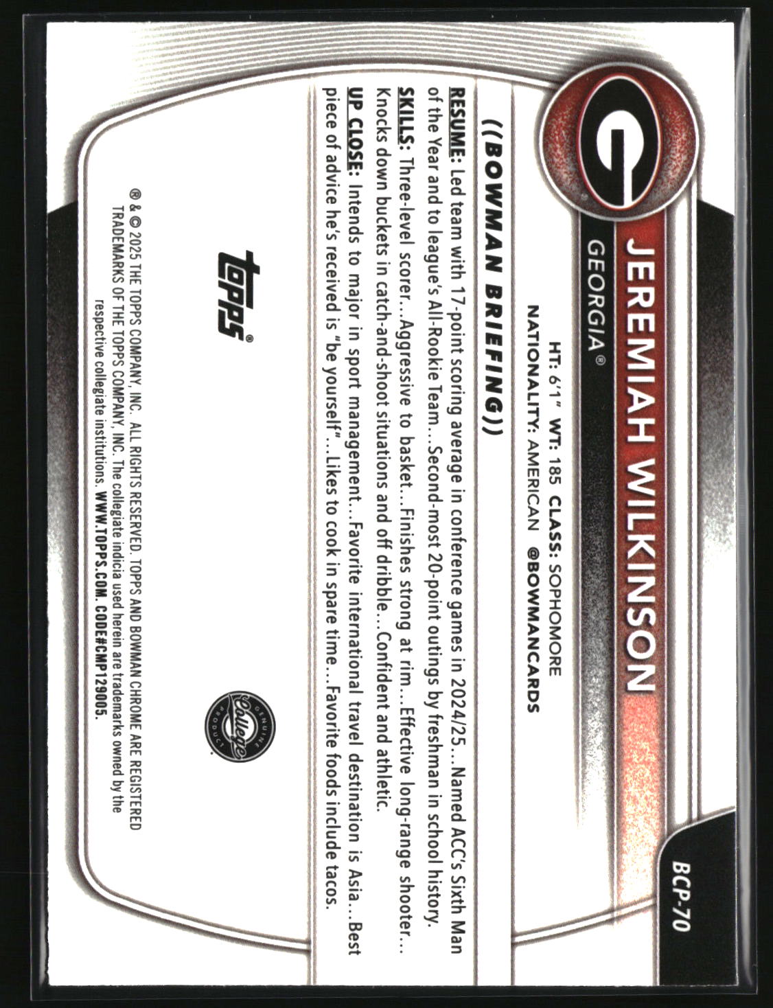 Jeremiah Wilkinson 2025-26 Bowman Chrome Prospects Reptilian Refractor #BCP-70