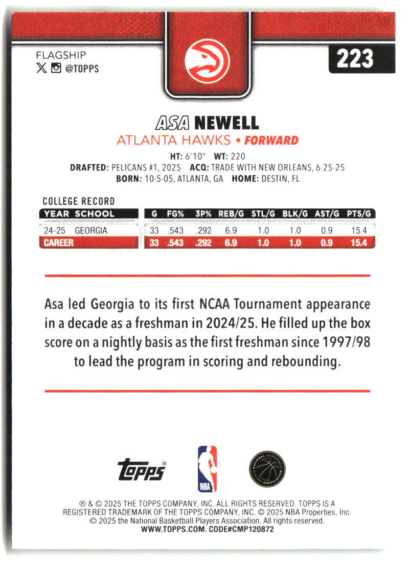 Asa Newell 2025-26 Topps #223