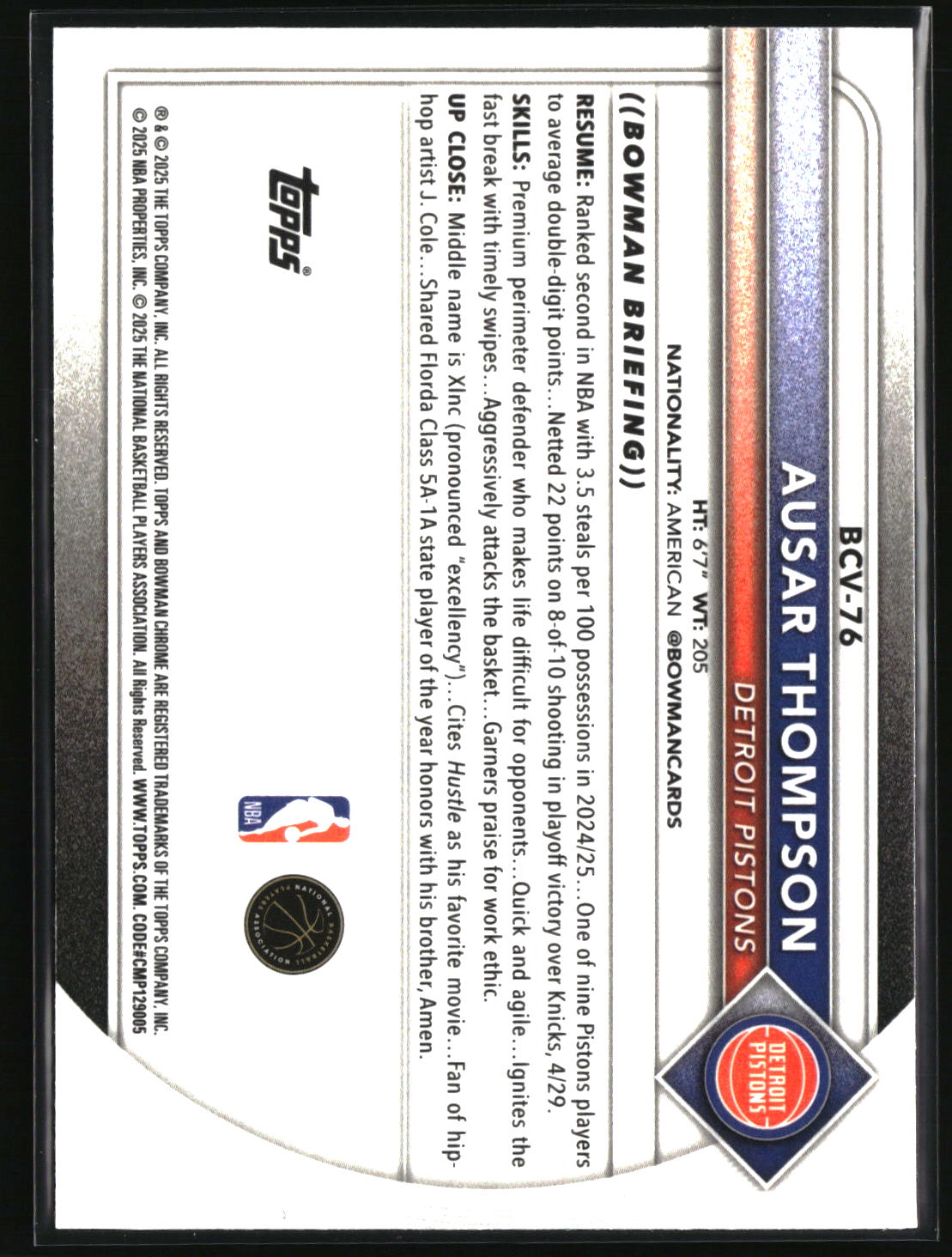 Ausar Thompson 2025-26 Bowman Chrome Reptilian Refractor #BCV-76