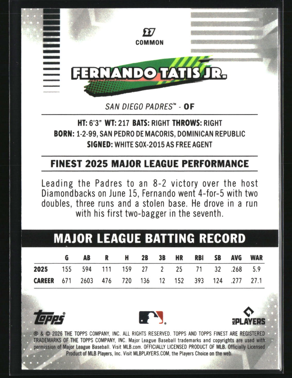 Fernando Tatis Jr 2026 Finest #27