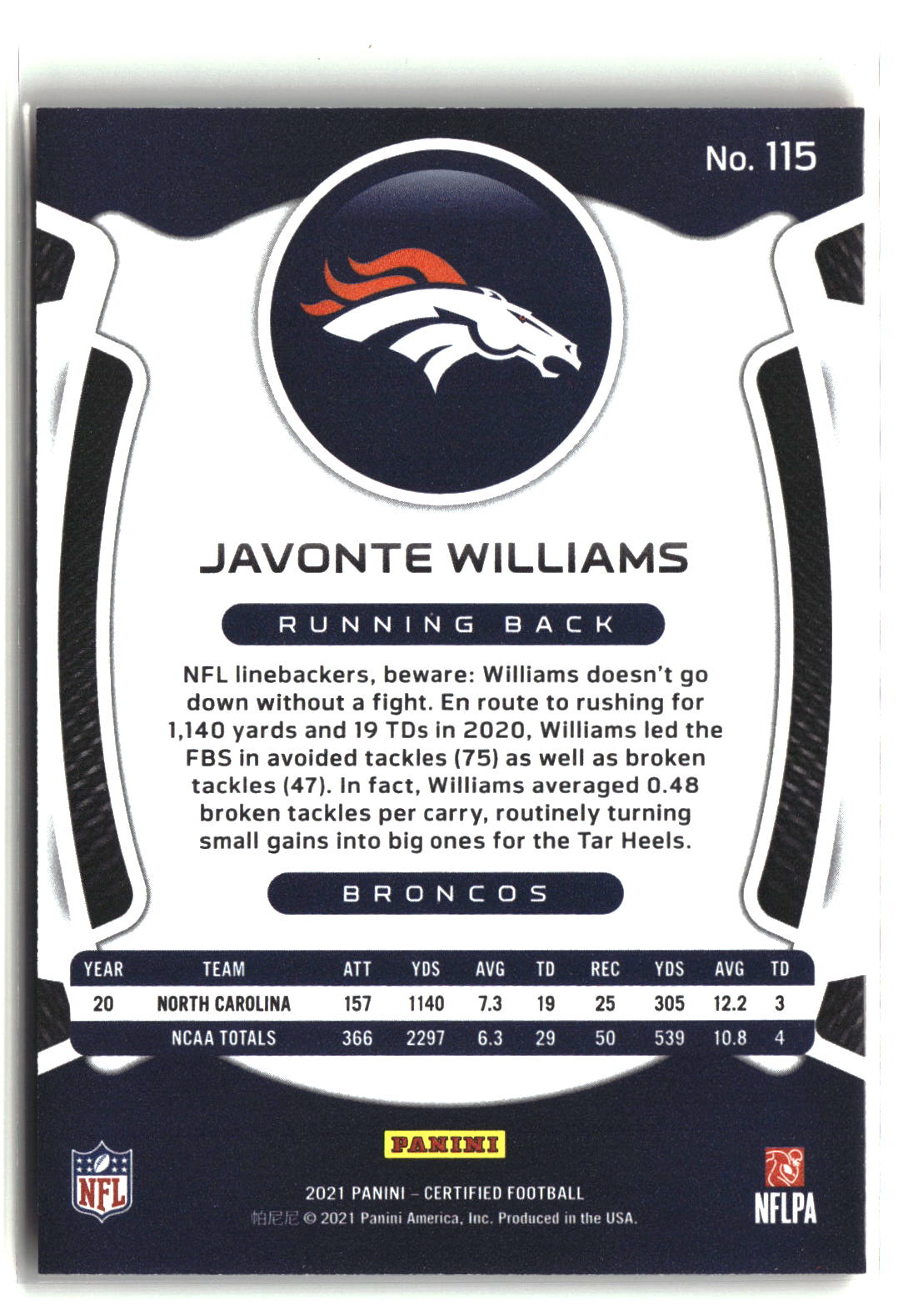 Javonte Williams 2021 Panini Certified Mirror Orange #115 #/149