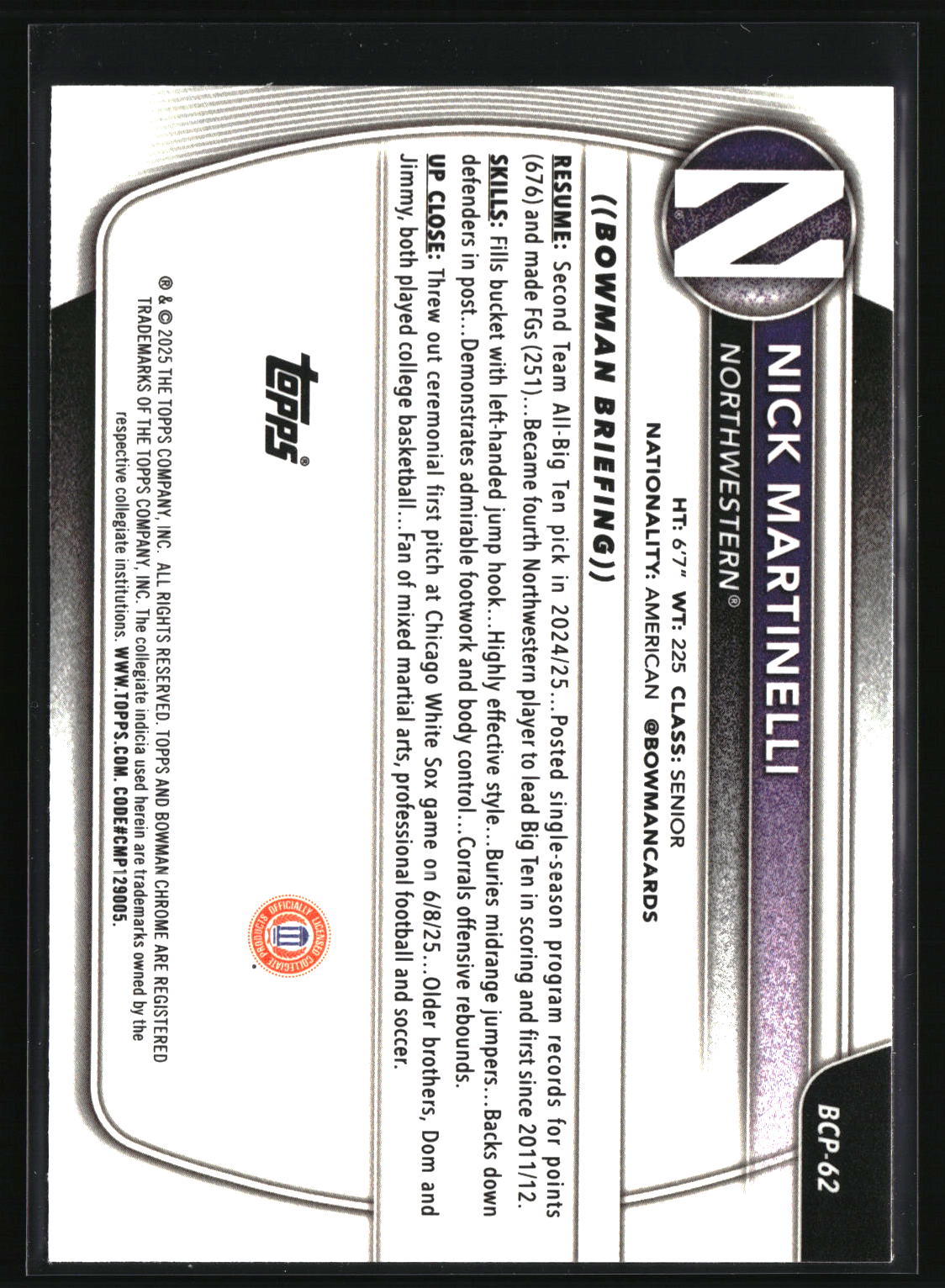 Nick Martinelli 2025-26 Bowman Chrome Prospects Reptilian Refractor #BCP-62