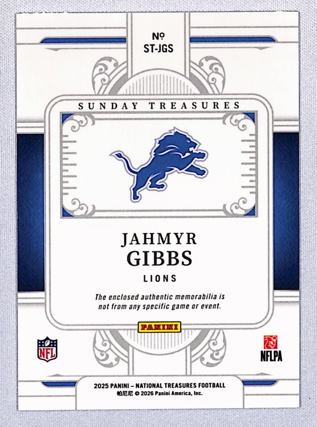 Jahmyr Gibbs 2025 Panini National Treasures Sunday Treasures #ST-JGS 45/99