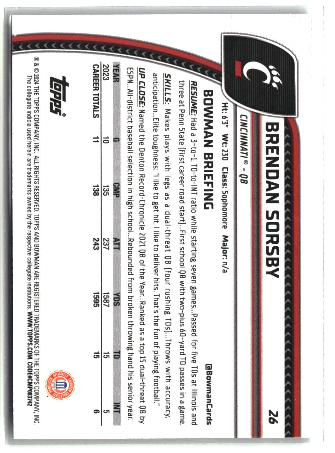 Brendan Sorsby 2024 Bowman University Chrome #26
