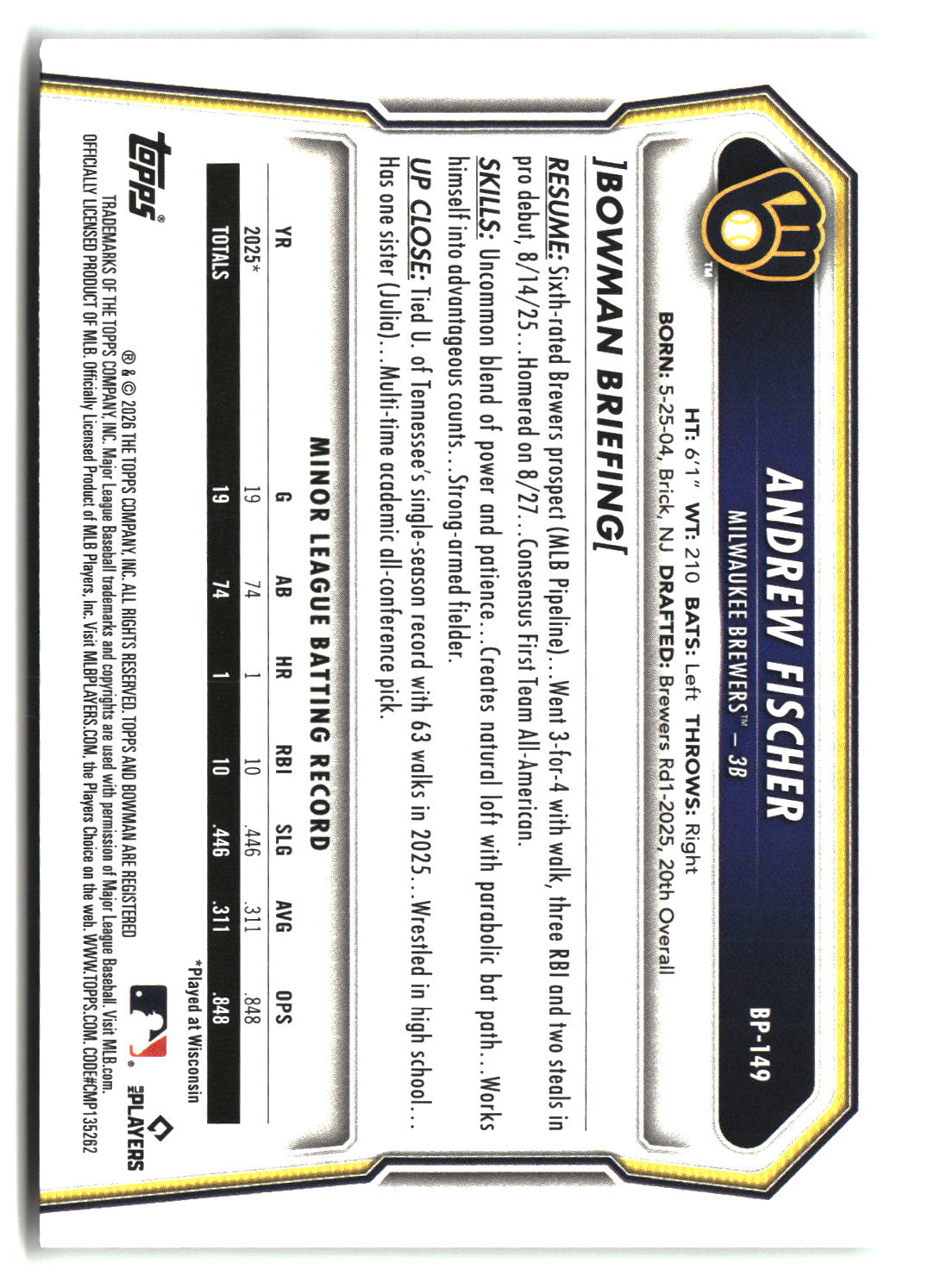Andrew Fischer 2026 Bowman Prospects #BP-149