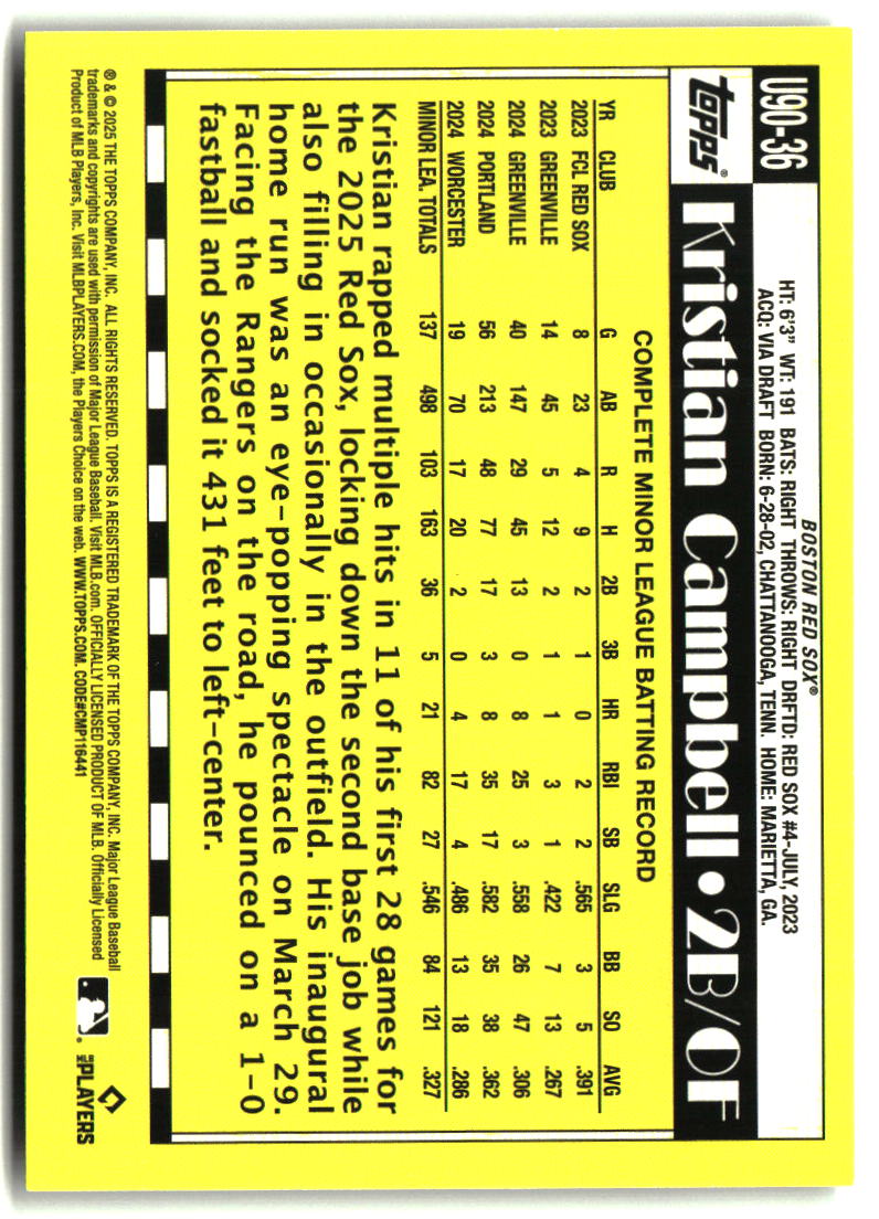 Kristian Campbell 2025 Topps Update 1990 Topps Baseball 35th Anniversary #U90-36