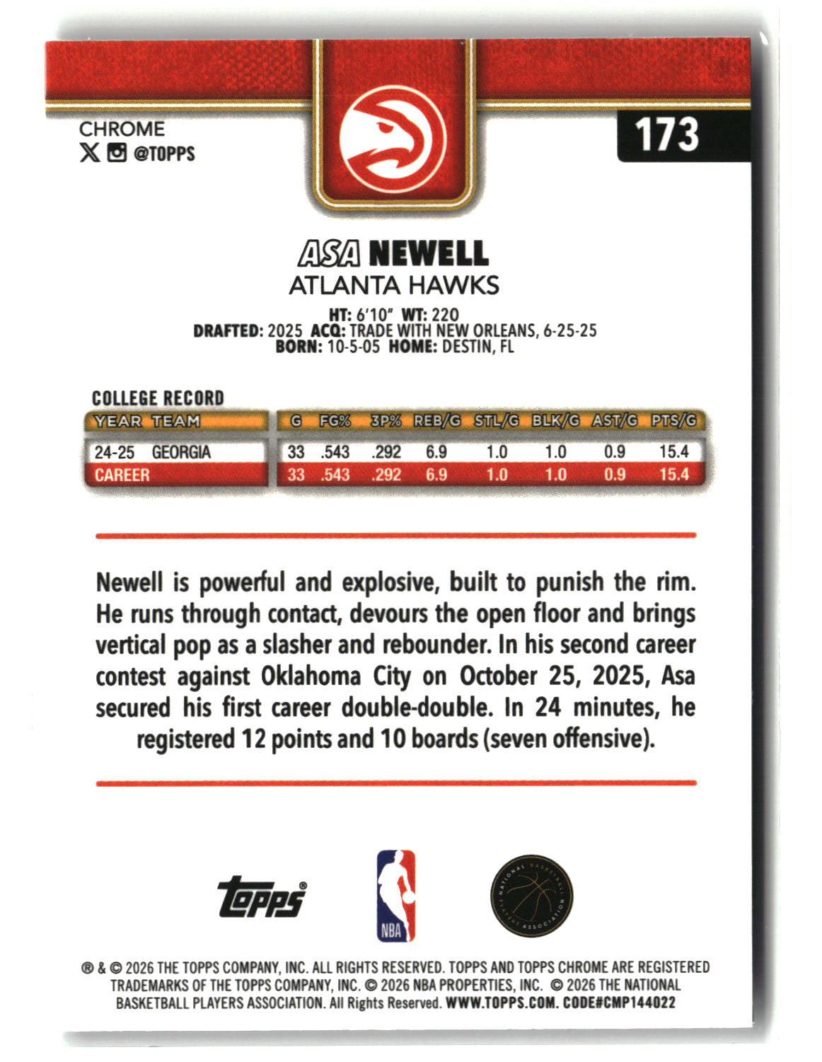Asa Newell 2025-26 Topps Chrome Update #173