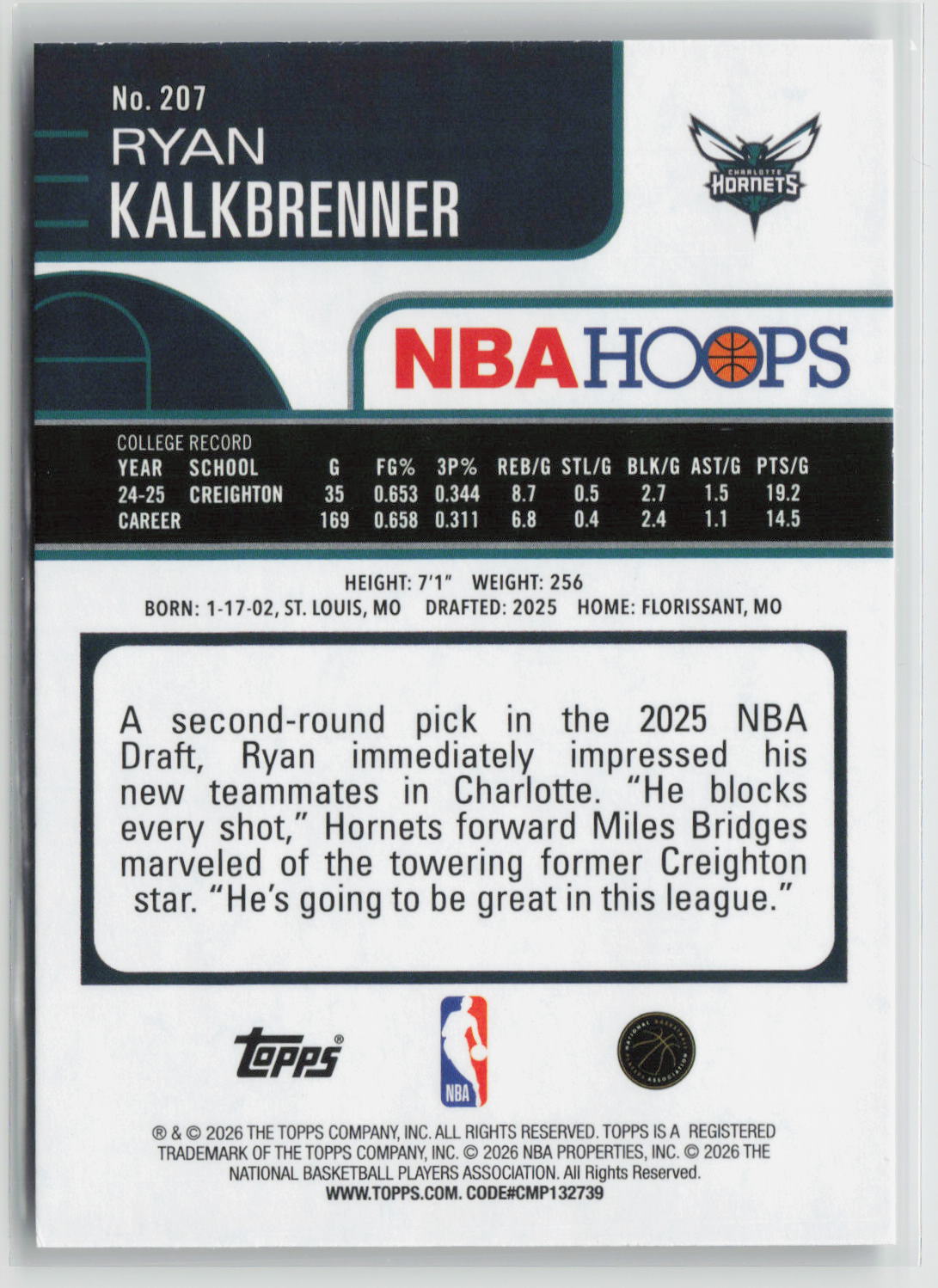 Ryan Kalkbrenner 2025-26 Hoops #207