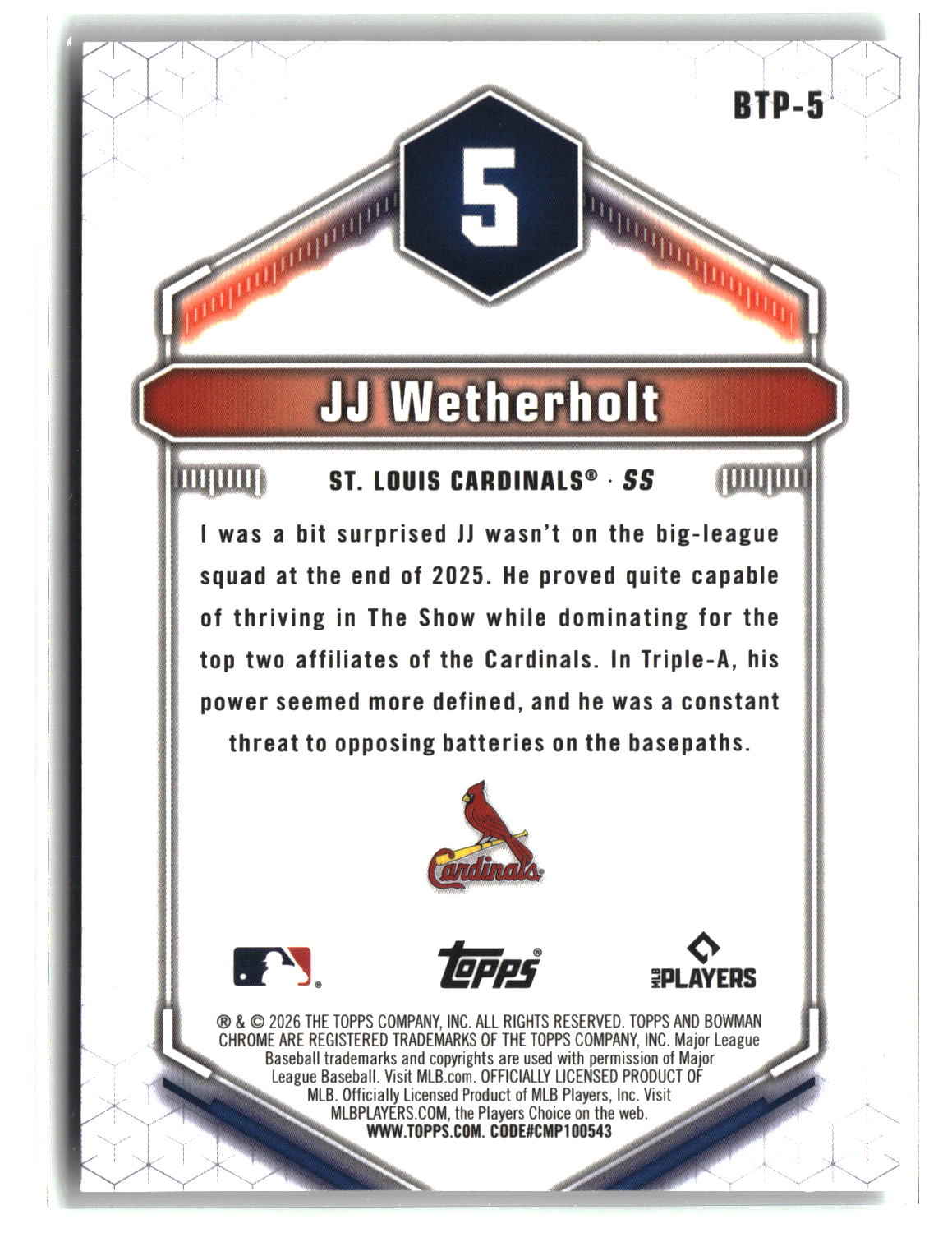 JJ Wetherholt 2026 Bowman Bowman Scouts' Top 100 #BTP-5