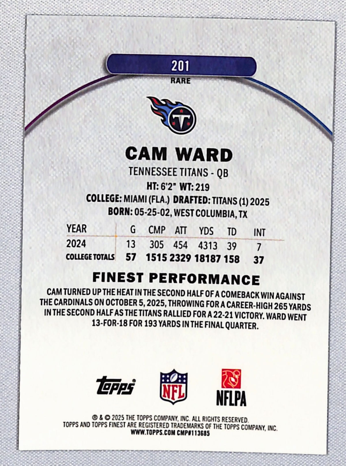 Cam Ward 2025 Finest Blue Refractor #201 #/99
