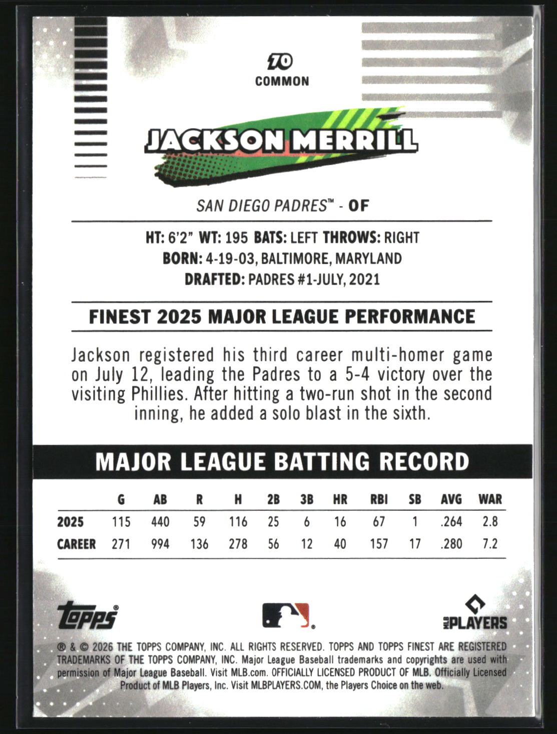 Jackson Merrill 2026 Finest Mini-Diamond Refractors #70
