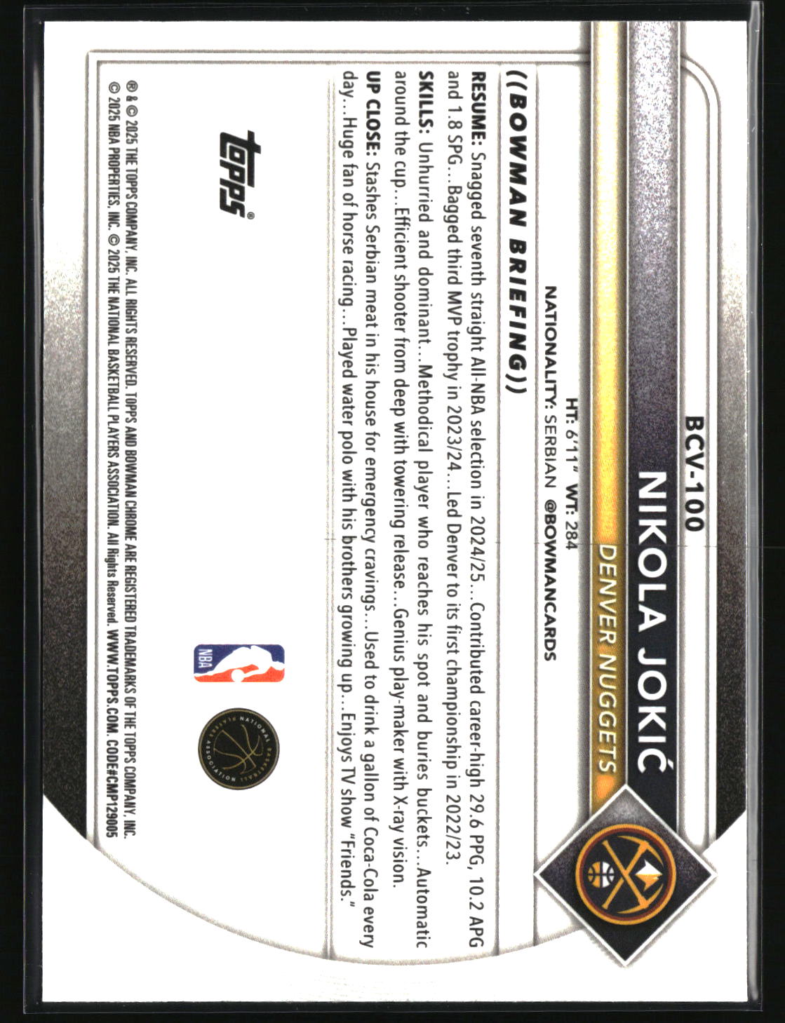 Nikola Joki? 2025-26 Bowman Chrome Reptilian Refractor #BCV-100