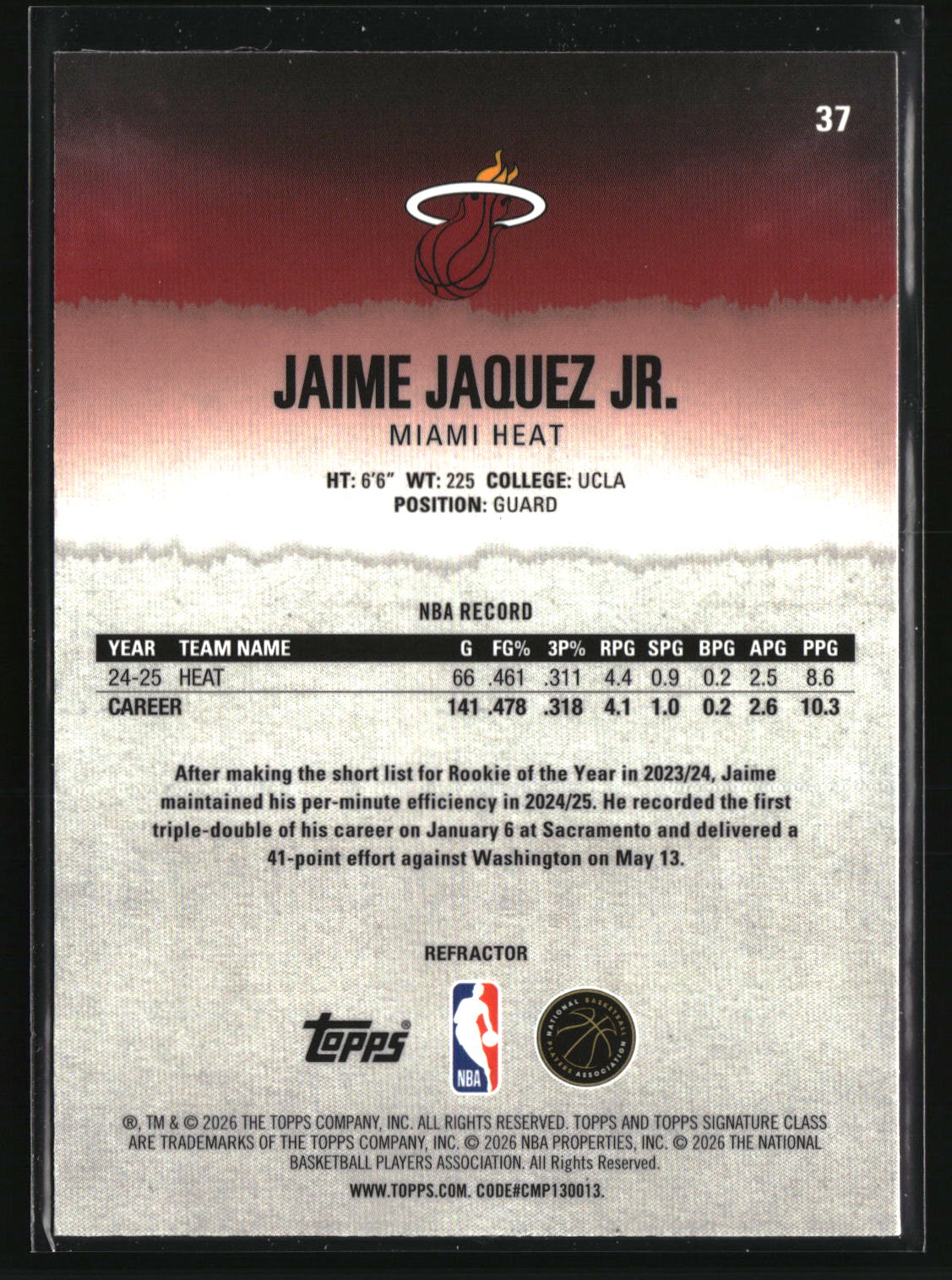Jaime Jaquez Jr. 2025-26 Topps Signature Class Chrome Refractors #37