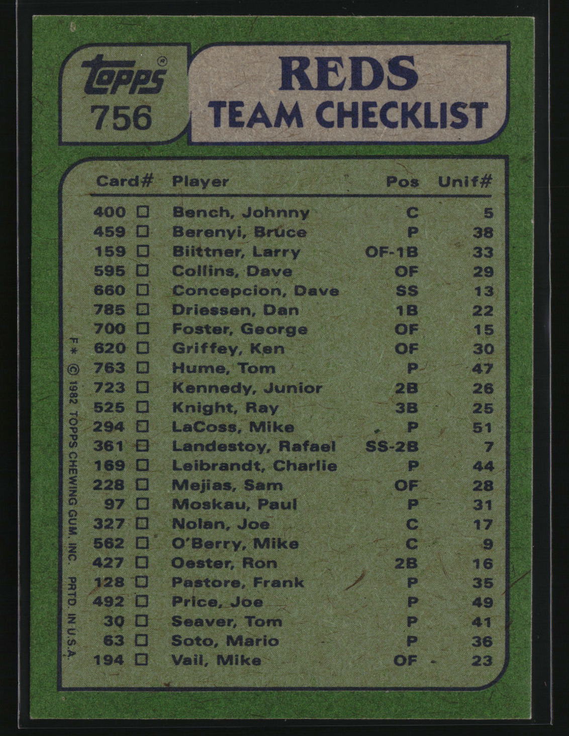 Reds Leaders / Checklist (Ken Griffey / Tom Seaver) 1982 Topps #756