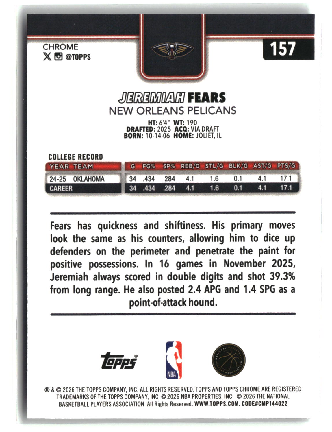 Jeremiah Fears 2025-26 Topps Chrome Update #157