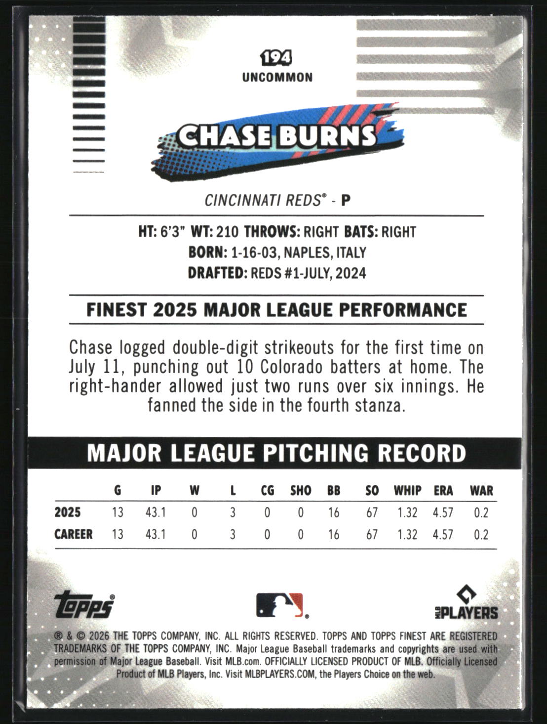Chase Burns 2026 Finest Mini-Diamond Refractors #194
