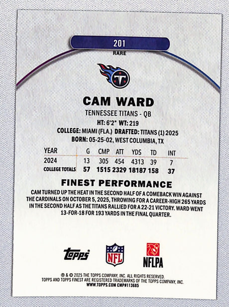 Cam Ward 2025 Finest Blue Refractor #201 #/99