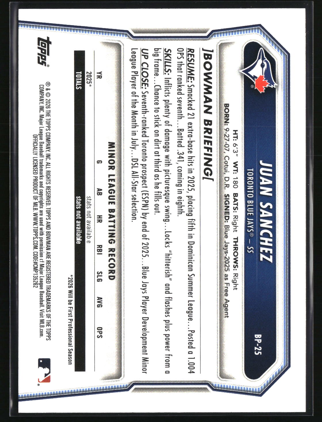 Juan Sanchez 2026 Bowman Prospects #BP-25