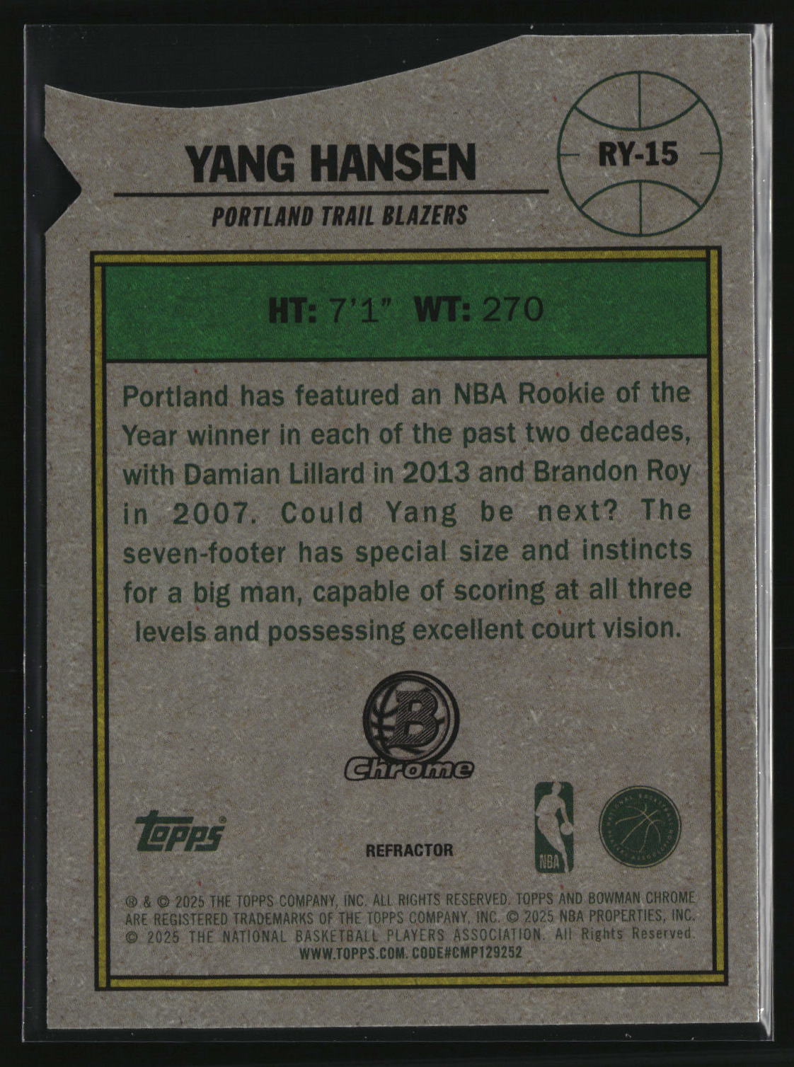 Yang Hansen 2025-26 Bowman Rookie Of The Year Favorites Refractor #RY-15