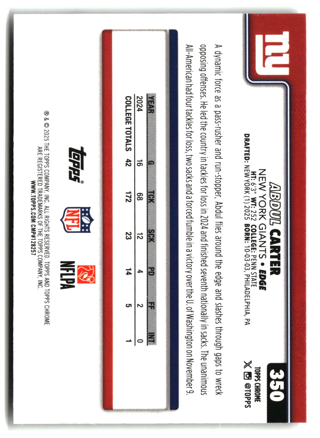 Abdul Carter 2025 Topps Chrome #350