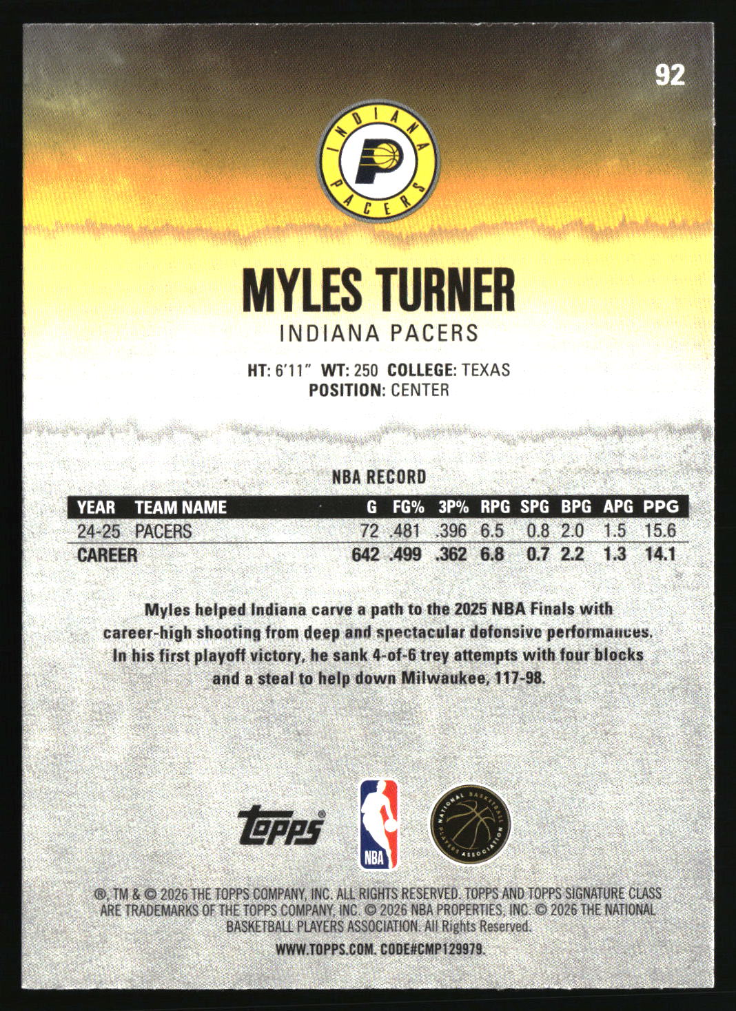 Myles Turner 2025-26 Topps Signature Class #92