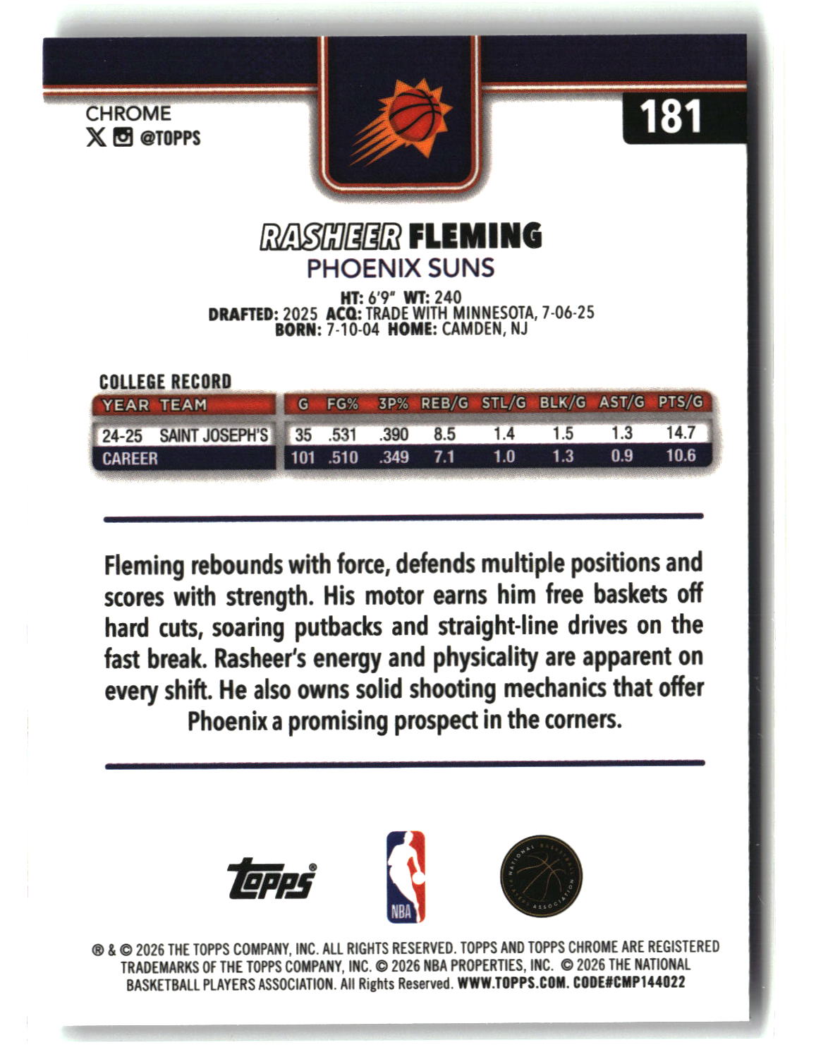 Rasheer Fleming 2025-26 Topps Chrome Update #181